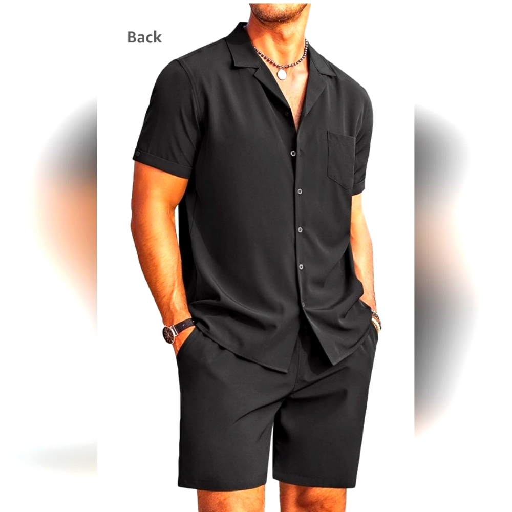 NEW MENS 2 PIECE BLACK BEACH CASUAL BUTTON DOWN SHIRT & SHORT SUIT SIZE LARGE - Picture 9 of 11
